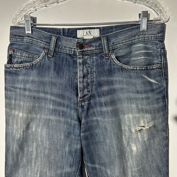 Armani Exchange Distressed Straight Leg 5 Pocket Washed Blue Denim Jeans Mens 31 - Picture 2 of 8